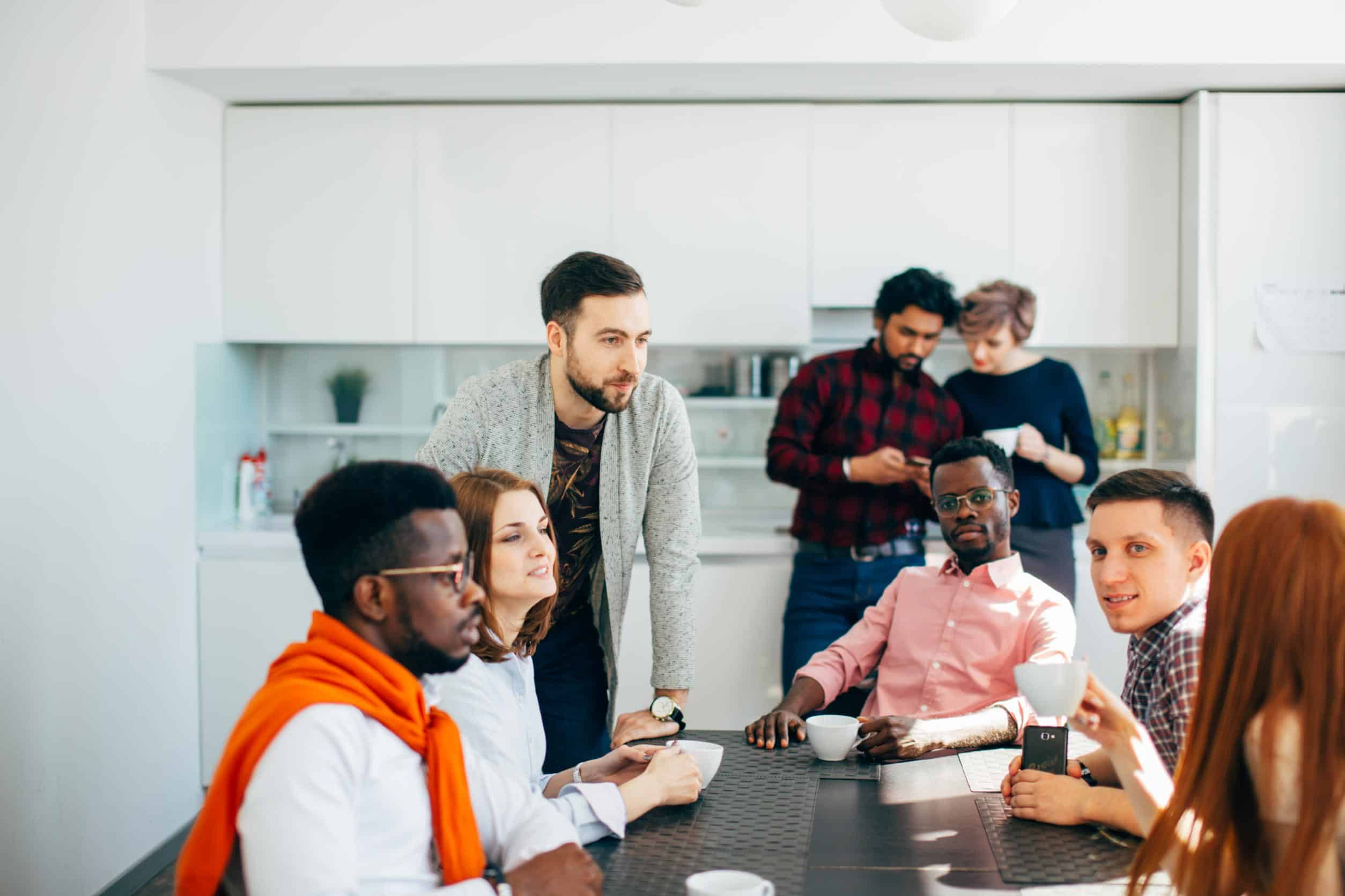 employees talking in break room